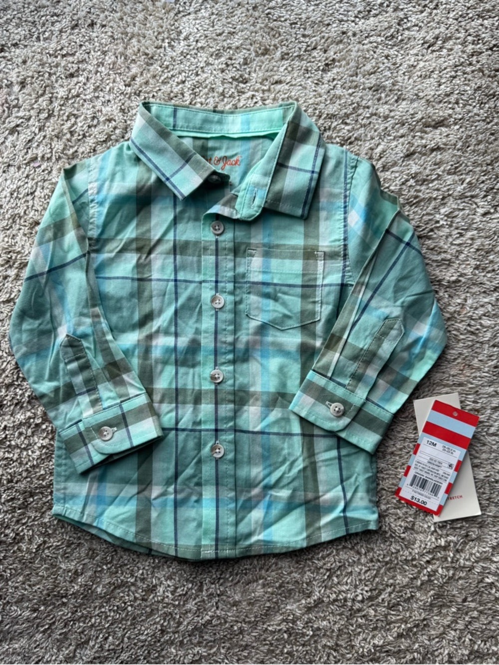NWT 12M Baby Plaid Button Down Shirt Green Blue